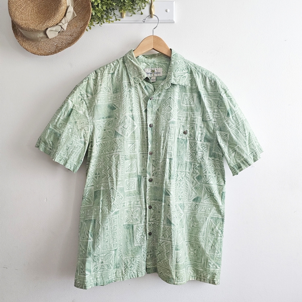 Y2K Island Shores Green Aloha Shirt Mens Large Hawaiian Short Sleeve Cotton
